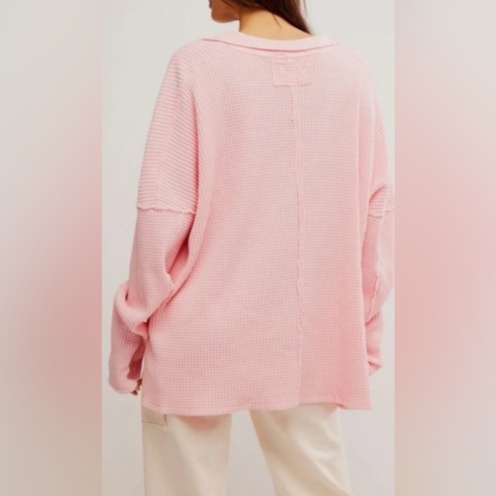 We the Free Thermal Oversized Collared Top Travis Waffle Polo Size Small Pink - Picture 2 of 7